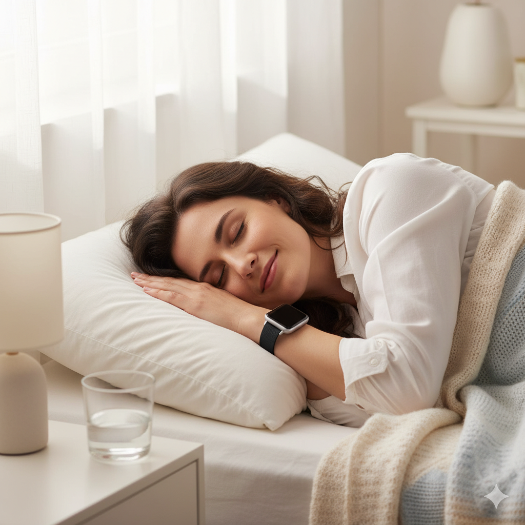 Mulher dormindo com smartwatch